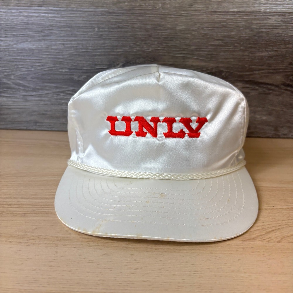 Vintage UNLV Rebels Hat Cap Strap Back Off White Shiny Trucker
